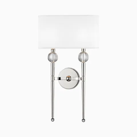 Polished nickel double wall sconce with crystal sphere details and a white rectangular shade, exuding sleek sophistication