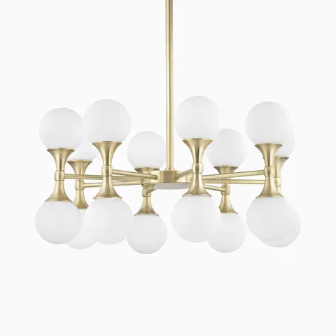 Modern chandelier with an aged brass frame and multiple double-cone arms, each supporting two frosted glass globes in symmetrical rows.