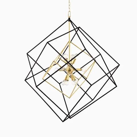 Large geometric chandelier with black intersecting frames and an aged brass starburst core featuring exposed globe light bulbs.
