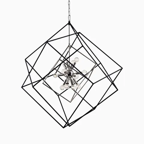 Oversized geometric chandelier with layered black frames and a central polished nickel starburst hub holding exposed globe light bulbs.