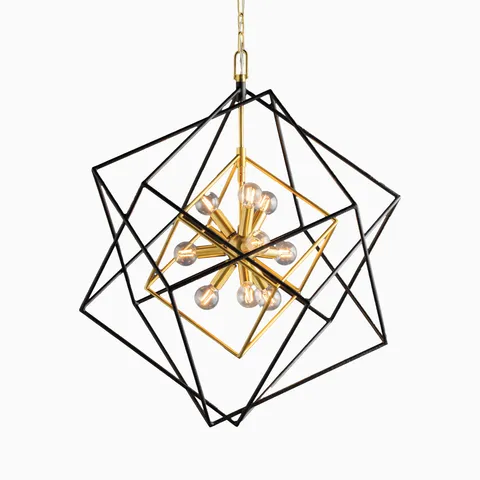 Modern geometric chandelier with intersecting black frames, featuring an aged brass central hub and exposed bulbs in a starburst design.