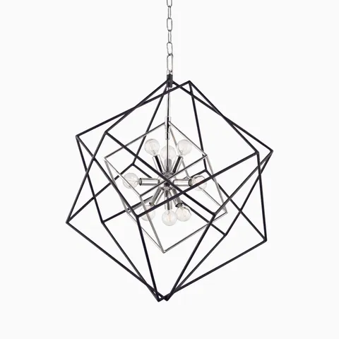 Contemporary chandelier with layered black geometric frames and a central polished nickel starburst fixture holding exposed globe bulbs.