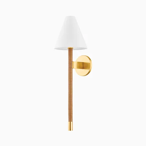 Transitional wall sconce with a conical white fabric shade, wrapped stem in natural fiber, and aged brass backplate and accents.