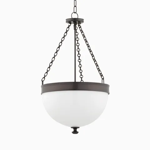 Historic bronze pendant light with chain suspension and frosted glass bowl shade, offering classic ambient ceiling lighting.