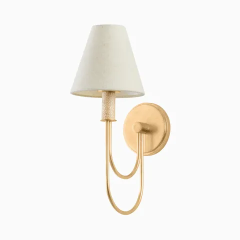 Vintage gold leaf wall sconce with curved arm, woven accent detail, and tapered white fabric shade for warm ambient lighting.