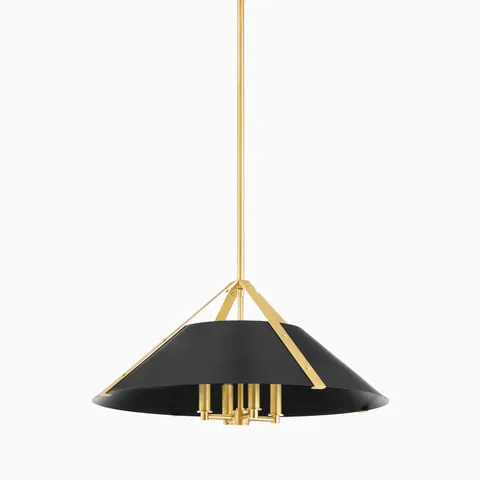 Pendant light with a wide soft black conical shade, aged brass arms and stem, and exposed candelabra for a bold, modern-industrial look.