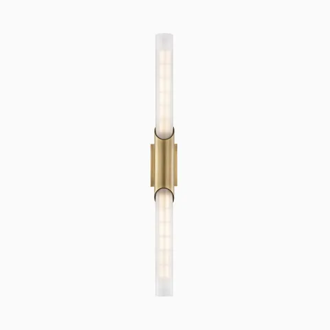 26 inches vertical wall sconce with aged brass curved mount and twin frosted glass tube shades for a sleek, minimalist ambient lighting accent.