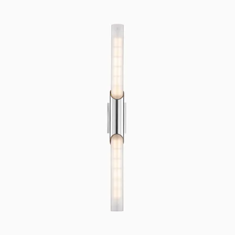 26 inches vertical wall sconce with polished chrome curved mount and twin frosted glass tube shades, offering sleek, minimalist ambient lighting.