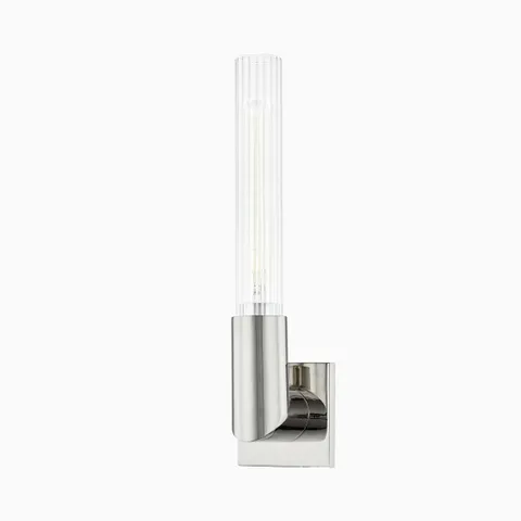 17" wall sconce with polished nickel finish in gray metallic tones, right-angled arm, and tall fluted glass shade for modern elegance.