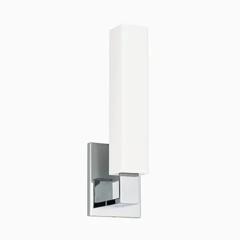 Vertical wall sconce with tall opal glass diffuser and polished chrome backplate, offering sleek contrast and refined minimalism.