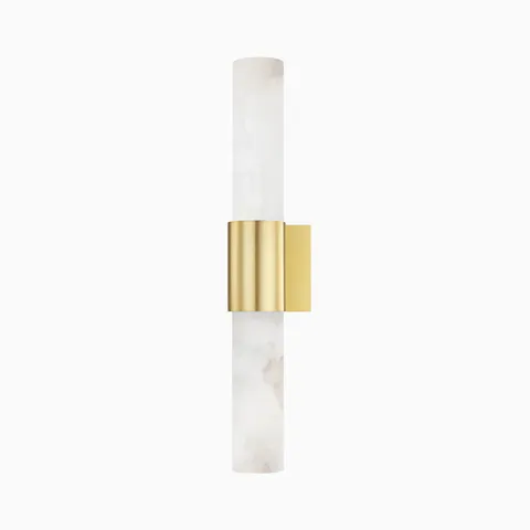 Wall sconce with vertical alabaster column and aged brass cuff, showcasing organic veining and refined sculptural simplicity.