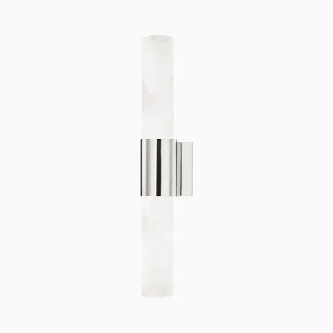 Wall sconce with vertical alabaster column and polished nickel cuff, uniting soft stone veining with sleek, modern luster.