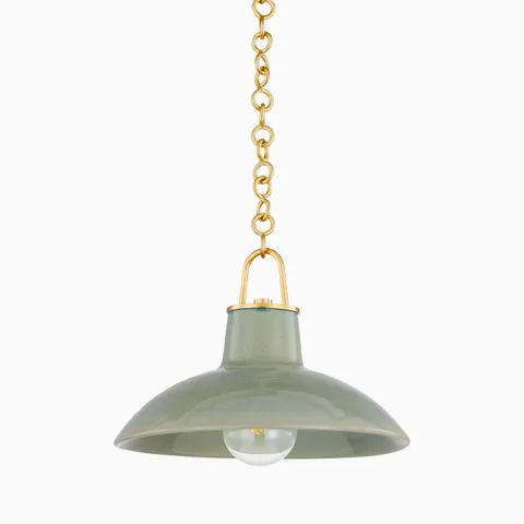 Pendant with moss crackle ceramic shade and aged brass chain, blending vintage industrial form with soulful, hand-applied artistry.