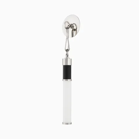 Vertical wall sconce with frosted cylindrical diffuser, black center accent, and polished nickel mount for sleek contemporary lighting.