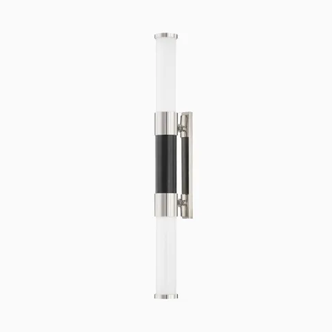 Vertical wall sconce with frosted cylindrical diffuser, black center detail, and polished nickel mount for sleek modern lighting.