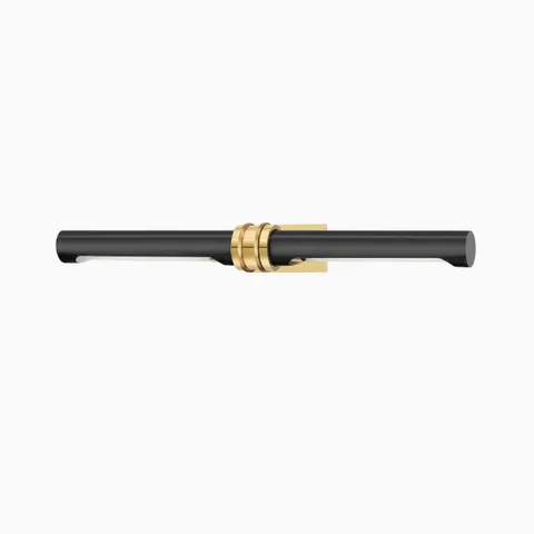 Modern black picture light with sleek cylindrical form and central brass detailing for a refined, minimalist accent