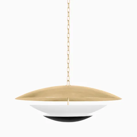 Pendant light with a vintage gold leaf top shade, white middle bowl, and soft black base, suspended by a matching gold chain.