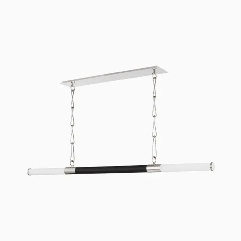 Linear pendant light with frosted tube diffuser, black center rod, and polished nickel accents suspended by decorative chain links.