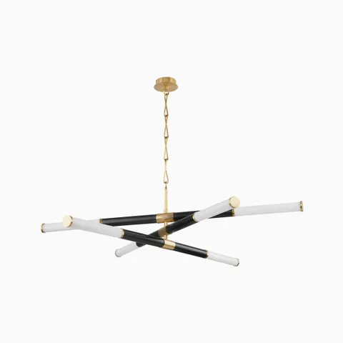 Modern chandelier with intersecting black arms, frosted linear tubes, and aged bronze accents suspended from a minimalist chain mount.