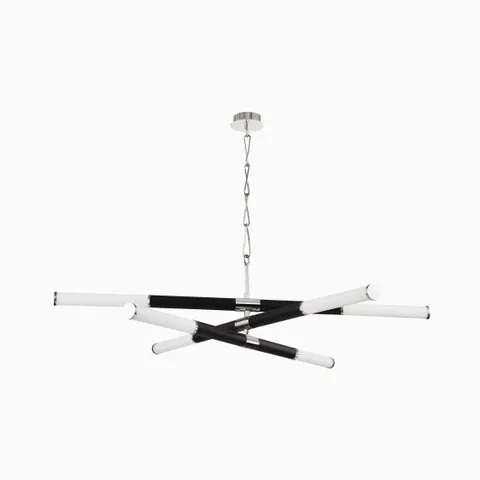 Modern chandelier with intersecting black arms, frosted linear tubes, and polished nickel accents suspended from a sleek chain mount.