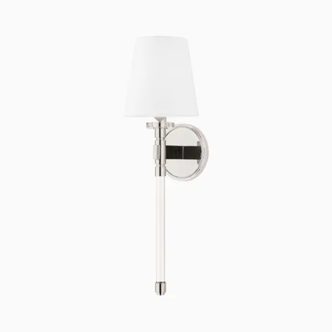 Modern wall sconce with white fabric shade, clear glass rod detail, and polished nickel mount for refined ambient lighting.