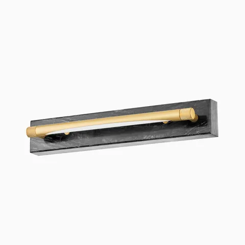 Modern aged brass LED picture light with curved bar and dark marble backplate, designed for elegant wall illumination in refined interiors.