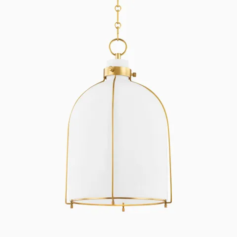 Aged brass dome pendant light with frosted glass shade and chain suspension, combining classic elegance with soft ambient illumination.