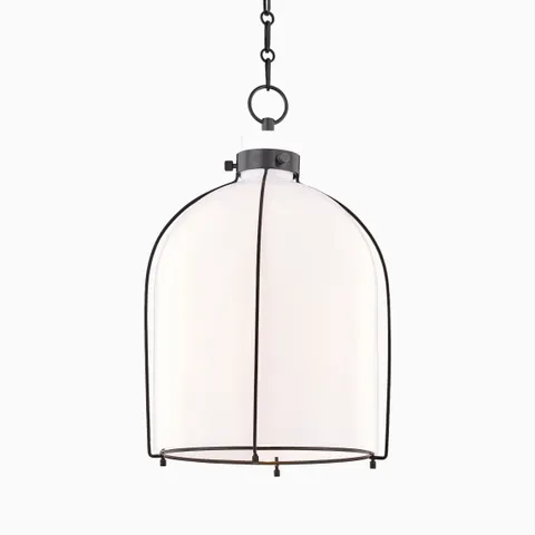 Old bronze dome pendant light with frosted glass shade and chain suspension, blending industrial structure with soft ambient lighting.