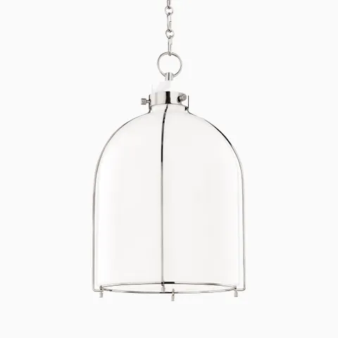 Polished nickel dome pendant light with frosted glass shade and chain suspension, offering soft ambient lighting and refined modern style.