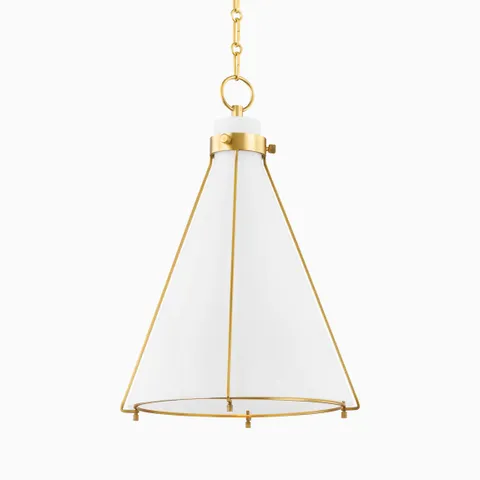 Aged brass cone pendant light with frosted glass shade and chain suspension, blending classic industrial form with soft diffused illumination.