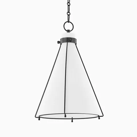 Dark metal cone pendant light with frosted glass shade and chain mount, offering a clean industrial silhouette and soft ambient glow.