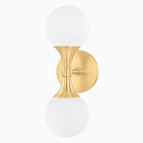 Vintage golden sconce with twin frosted glass globes in a sleek hourglass silhouette.