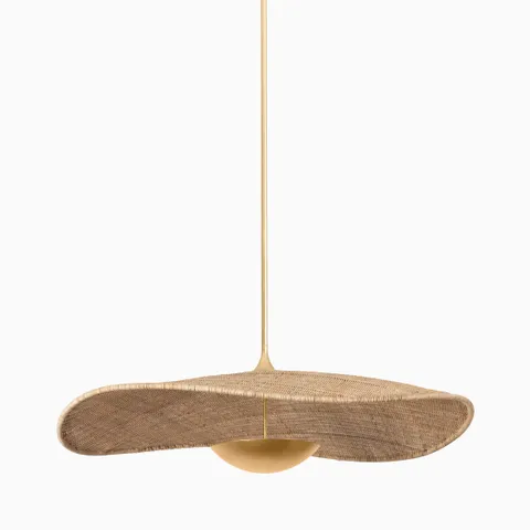 Pendant with flowing woven rattan shade and vintage gold leaf stem, inspired by organic forms and graceful natural curves.