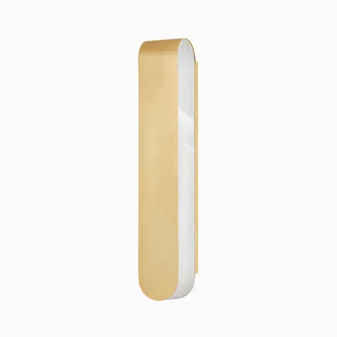 Modern wall sconce in aged brass with a sleek, elongated oval design and brushed metal edge, mounted vertically on a white background.