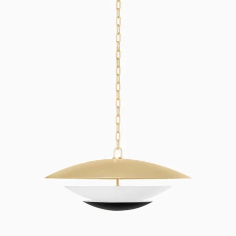 26.5-inch pendant light with a vintage gold leaf top shade, white middle bowl, and soft black base, hanging from a gold chain.