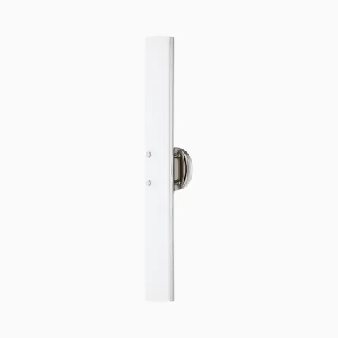 Polished nickel wall sconce with slim vertical design, frosted white diffuser, and rounded backplate for a sleek modern look.