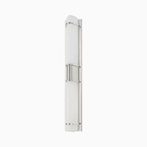 Slim wall sconce with a matte triangular glass shade and polished nickel accents, offering sleek, modern ambient lighting.