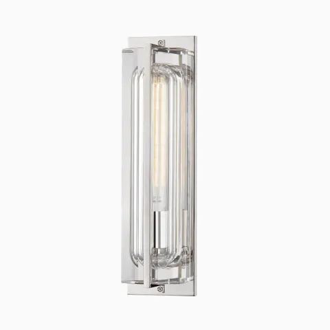 Polished nickel wall sconce featuring curved clear glass tubing for a sleek, luminous accent.