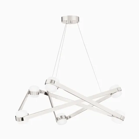 Geometric suspension light in polished chrome, featuring crisscrossing beams with frosted globes that balance modern artistry and functional lighting.