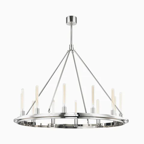 Modern chrome chandelier with a circular frame and vertical exposed bulbs, suspended by sleek cables for a bold statement in dining or living spaces.