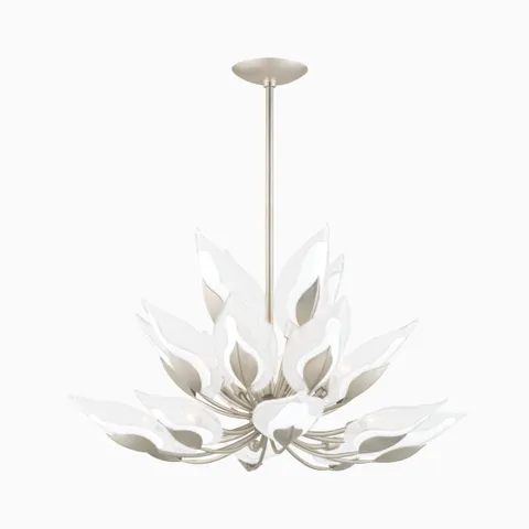 Silver leaf chandelier with layered glass petals in a sculptural floral design, combining elegant shine with modern artistic style.