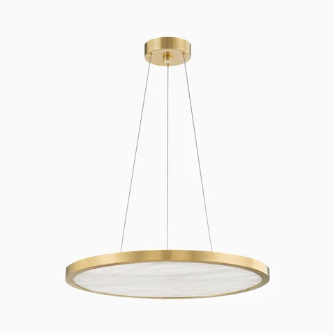24" aged brass chandelier with slim circular frame, suspended wires, and alabaster diffuser, showcasing sleek modern minimalist design.