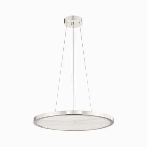 24" polished nickel chandelier with slim circular frame, suspended cables, and alabaster diffuser for a sleek modern minimalist design.