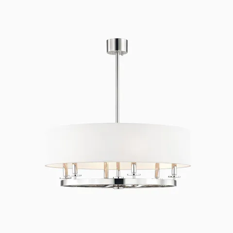 Chandelier with an off-white linen drum shade and polished nickel ring base, offering soft, ambient light with modern elegance.