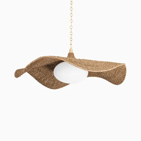 Woven leaf-shaped chandelier with vintage gold chain and frosted glass diffuser, blending natural texture with sculptural lighting.
