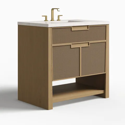Delilah 36" Single Vanity in Seaside Oak with 3 cm Eternal Jasmine Pearl Quartz Top