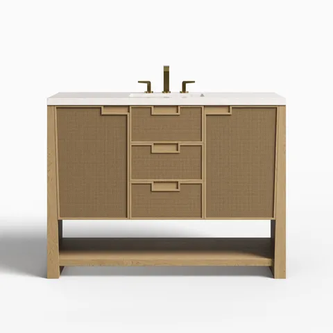 Delilah 48" Single Vanity in Seaside Oak with 3 cm Eternal Jasmine Pearl Quartz Top