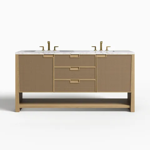 Delilah 72" Double Vanity in Seaside Oak with 3 cm Carrara Marble Top