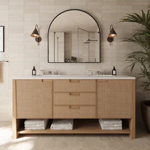 Delilah 72" Double Vanity in Seaside Oak with 3 cm White Zeus Quartz Top
