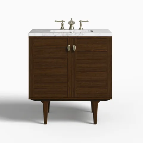 Demi 30" Single Vanity in Mid-Century Walnut with 3 cm Carrara Marble Top